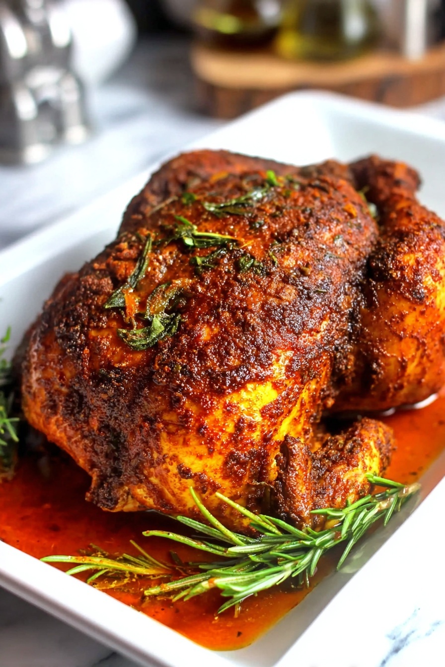 A whole roasted chicken lies in a white rectangular tray, covered in a deep reddish-brown spice rub with a slightly coarse, textured surface. The skin of the chicken is crispy and browned with a mix of dark and bright orange-red hues showing the well-cooked seasoning. Around the chicken, there are sprigs of fresh green herbs, likely rosemary, placed on and around the bird, adding a pop of green color. The tray has a pool of rich, oily red sauce with hints of herbs floating in it, giving a glossy shine to the scene. The whole setup is on a white marbled surface with blurred out kitchen items in the background. photo taken with an iphone --ar 2:3 --v 7