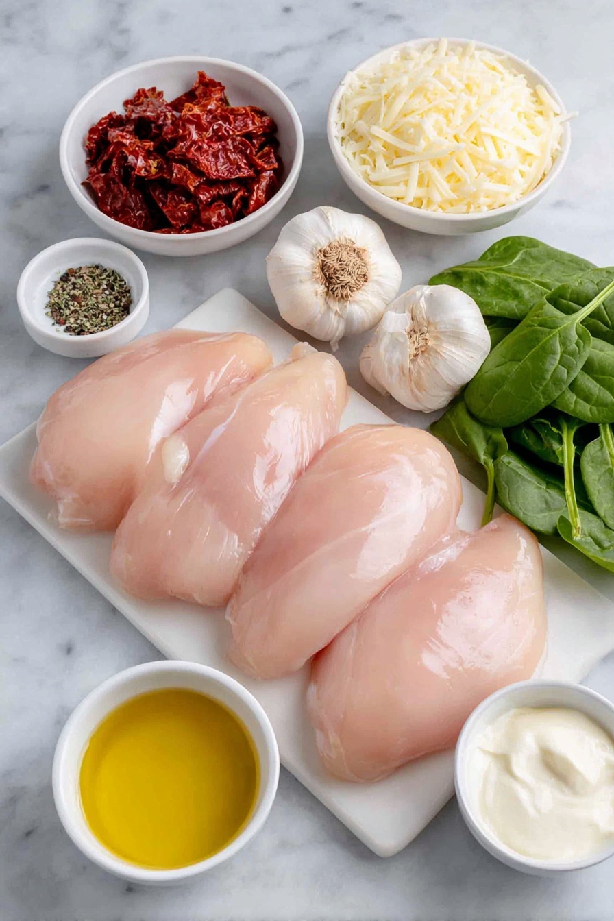 Flat lay of four boneless skinless chicken breasts with smooth pale pink skin, a small heap of mixed dried Italian herbs including oregano, thyme, basil, and rosemary, a small mound of coarse kosher salt, a small pile of freshly ground black pepper, a small white ceramic bowl filled with golden extra virgin olive oil, four whole uncracked garlic bulbs with white papery skins, a small white ceramic bowl of finely chopped yellow onion, a small white ceramic bowl of thinly sliced deep red sun-dried tomatoes, a bunch of fresh baby spinach leaves vibrant green and glossy, a small white ceramic bowl filled with thick heavy cream, and a small white ceramic bowl piled with freshly grated pale yellow parmesan cheese, all arranged symmetrically on a clean white marble surface, soft natural light, photo taken with an iPhone, professional food photography style, fresh ingredients, white ceramic bowls, no bottles, no duplicates, no utensils, no packaging --ar 2:3 --v 7 --p m7354615311229779997