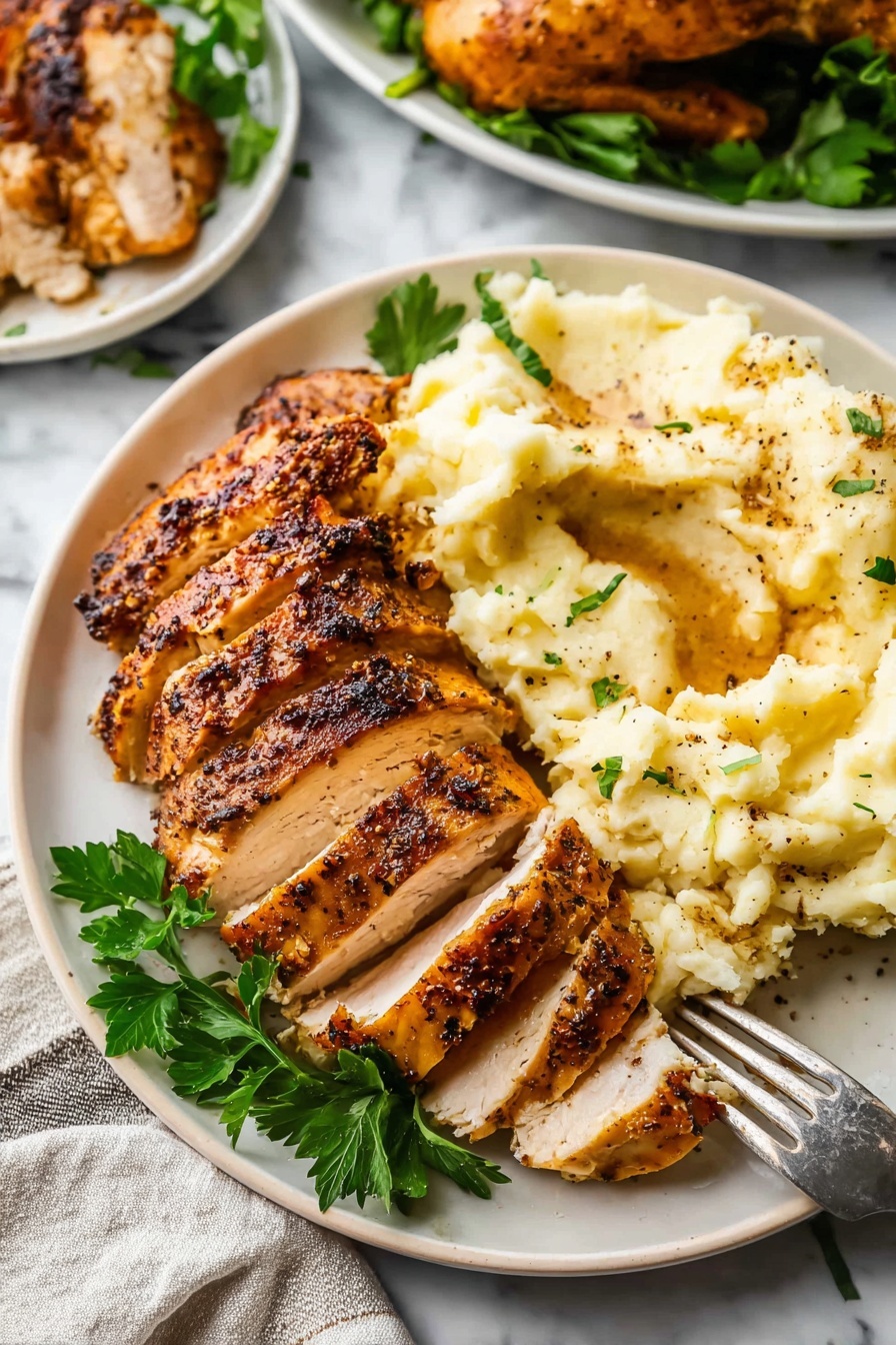 A white plate sits on a white marbled surface, holding five thick slices of roasted chicken arranged in a neat fan shape on the left side. The chicken has a crispy, dark golden brown skin with black pepper bits and a juicy, light beige inside. To the right of the chicken is a large serving of creamy mashed potatoes with a slightly rough texture and some black pepper sprinkled on top. Fresh green parsley leaves are placed around the chicken and potatoes for color. A fork is inserted into the mashed potatoes at the top right edge of the plate. In the background, there is a larger white plate with more roasted chicken and leafy greens. photo taken with an iphone --ar 2:3 --v 7