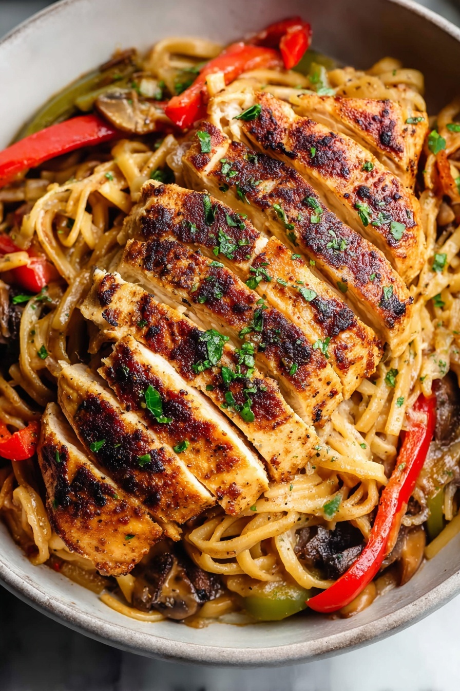 The dish shows a close-up of grilled chicken sliced into six thick pieces arranged neatly on top of a bed of mixed noodles and roasted vegetables. The chicken’s skin is golden brown with dark grill marks and a lightly seasoned surface with small green herb specks. Underneath are light tan noodles mixed with mushrooms, light green and red bell pepper strips, and scattered fresh green herbs. The food is placed inside a round white bowl, sitting on a white marbled surface. A fork rests behind the food, with a woman's hand holding it slightly visible. photo taken with an iphone --ar 2:3 --v 7
