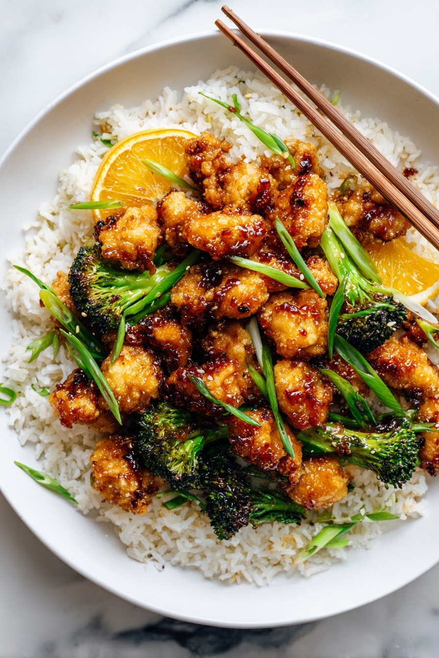A white speckled bowl filled with a base layer of white rice, topped with golden-brown glazed chicken pieces and lightly charred broccoli florets, garnished with thin green onion strips and sprinkled with white sesame seeds. The bowl rests on a rustic metal tray with a pair of wooden chopsticks with blue patterned handles placed on the left side. The background surface is a white marbled texture. Photo taken with an iphone --ar 2:3 --v 7