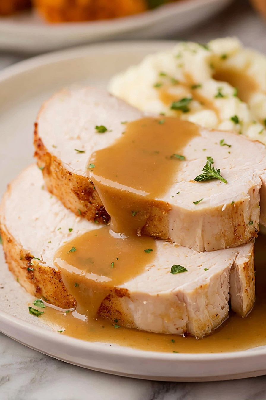 The image shows two thick slices of light beige cooked turkey with a slightly browned edge, stacked closely on a white plate. A smooth, glossy light brown gravy is draped over the top slice, spreading down toward the plate. Small green herb pieces are sprinkled on top of the gravy and turkey slices. In the background, there is a blurred scoop of mashed potatoes with gravy on it. The dish sits on a white marbled surface. photo taken with an iphone --ar 2:3 --v 7