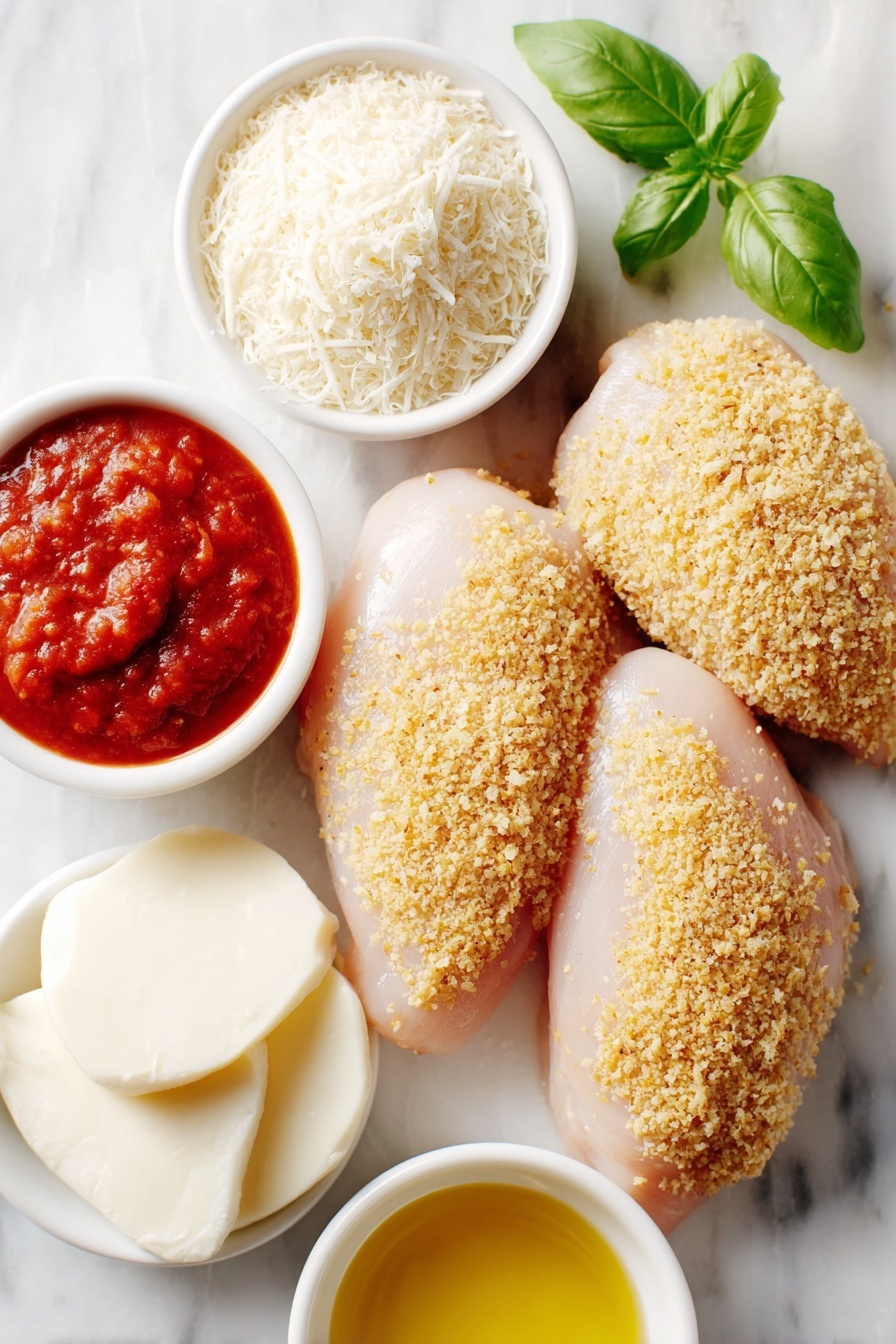 Flat lay of four boneless skinless chicken breasts, a small mound of golden seasoned breadcrumbs next to a small white bowl of finely grated Parmesan cheese, a few slices of creamy white mozzarella cheese, a small white bowl filled with bright red marinara sauce, a few fresh green basil leaves, a small white bowl containing melted golden butter, all arranged symmetrically on a clean white marble surface, soft natural light, photo taken with an iPhone, professional food photography style, fresh ingredients, white ceramic bowls, no bottles, no duplicates, no utensils, no packaging --ar 2:3 --v 7 --p m7354615311229779997