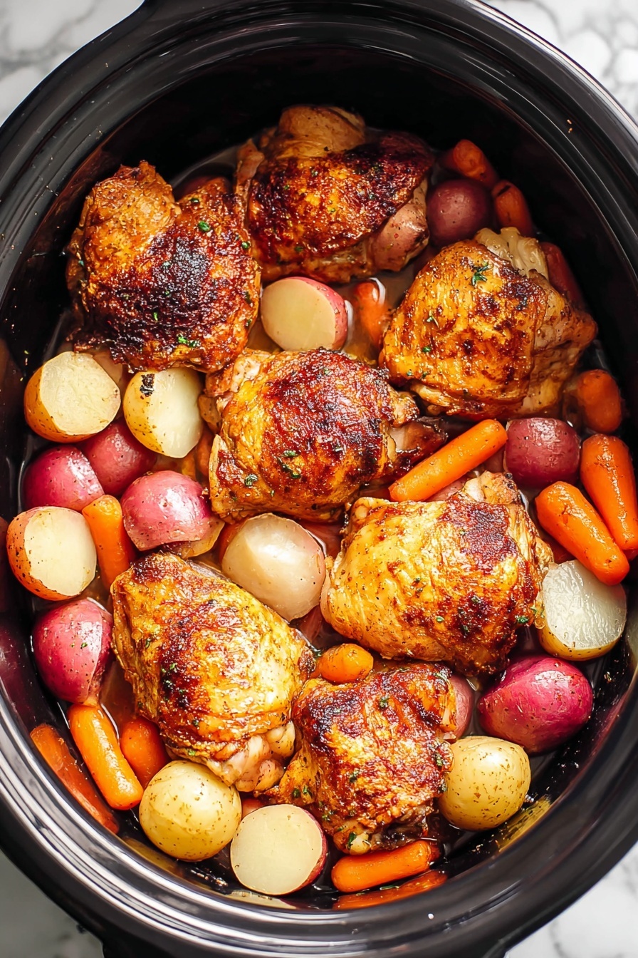 This image shows a black slow cooker filled with seven golden-brown cooked chicken thighs placed on top of a layer of small red and white potatoes and bright orange baby carrots. The potatoes and carrots sit at the bottom, forming a colorful and textured base with smooth and round shapes, while the chicken thighs create a crispy, slightly charred top layer with a rich brown and golden color. The slow cooker has a shiny inside surface that reflects some of the food. The background surface is white with a marbled texture. photo taken with an iphone --ar 2:3 --v 7
