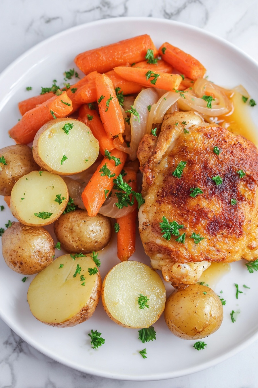 The image shows a white plate with three main layers of food. The bottom layer is whole baby potatoes with light to medium brown skins, some cut in half showing a light yellow inside, scattered around the plate. The middle layer contains whole cooked baby carrots with a soft texture and bright orange color, mixed with translucent pieces of cooked onion. The top layer is one piece of golden-brown roasted chicken with crispy skin, placed on one side of the plate. The whole dish is sprinkled with small pieces of fresh green parsley for garnish. The plate sits on a white marbled surface. Photo taken with an iphone --ar 2:3 --v 7