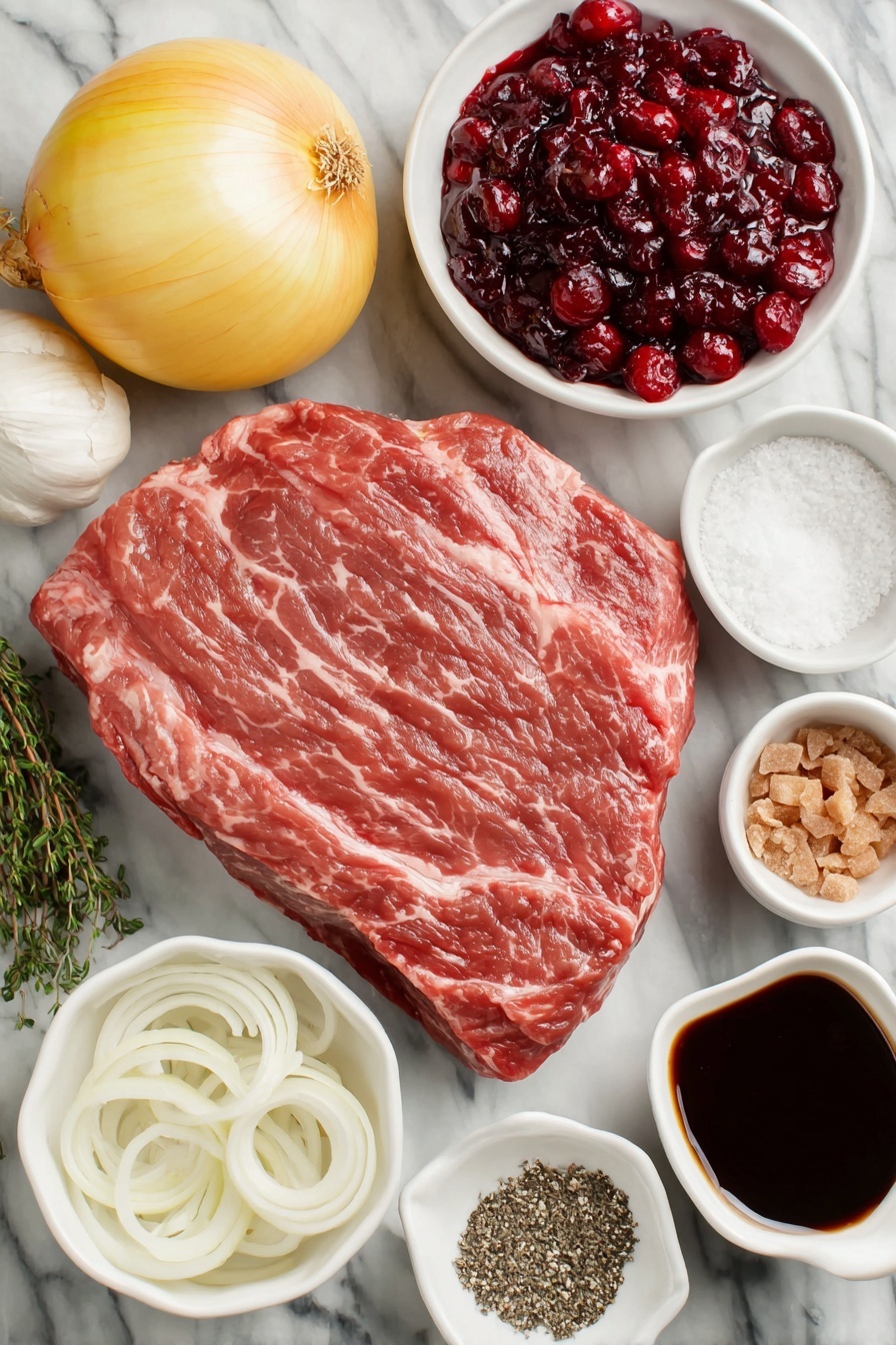 Flat lay of a fresh raw chuck roast, a large yellow onion sliced into rings, a small white bowl filled with whole berry cranberry sauce, a small white bowl with brown sugar crystals, four whole garlic cloves, a small white bowl containing dried minced onion, a small white bowl with ground thyme powder, a small white bowl of kosher salt, a small white bowl with black pepper, a small white bowl holding Worcestershire sauce, all carefully arranged with perfect symmetry on a clean white marble surface, soft natural light, photo taken with an iPhone, professional food photography style, fresh ingredients, white ceramic bowls, no bottles, no duplicates, no utensils, no packaging --ar 2:3 --v 7 --p m7354615311229779997