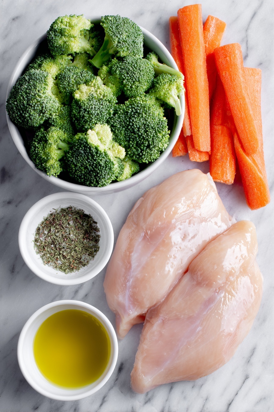 Flat lay of boneless, skinless chicken breasts, fresh broccoli florets cut into bite-sized pieces, three large carrots sliced into chunks, a small white ceramic bowl of golden olive oil, a small white ceramic bowl filled with a blend of Italian seasoning herbs, kosher salt, garlic powder, onion powder, and freshly ground black pepper, all arranged with perfect symmetry and balanced proportions on a clean white marble surface, soft natural light, photo taken with an iPhone, professional food photography style, fresh ingredients, white ceramic bowls, no bottles, no duplicates, no utensils, no packaging --ar 2:3 --v 7 --p m7354615311229779997