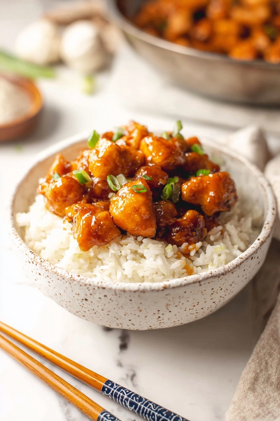 A white speckled bowl filled with two visible layers: at the bottom is a thick layer of fluffy white rice with separated grains, and on top, there are glossy orange-brown chunks of chicken coated in a shiny sauce, sprinkled with small green chopped scallions for color contrast; next to the bowl are light brown wooden chopsticks with dark blue and white patterned tops resting against it, and the background includes a white marbled surface with some out-of-focus ingredients and a large bowl filled with more of the orange-brown chicken in the back, all under soft natural light. photo taken with an iphone --ar 2:3 --v 7