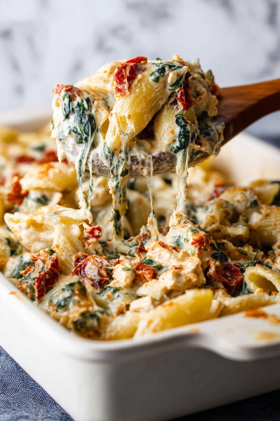 The image shows a white casserole dish filled with creamy baked pasta. The dish has two main layers: a pasta layer with yellow penne noodles spread evenly, mixed with pieces of light chicken and green spinach leaves, and a creamy sauce layer that is light beige with specks of herbs. Red sun-dried tomatoes are scattered through the pasta, adding color contrast. There is some melted cheese sprinkled on top, melting into the sauce. A dark wooden spoon is inside the casserole, lifting a portion of the pasta. The dish sits on a white marbled surface with some fresh spinach leaves on the side. Photo taken with an iphone --ar 2:3 --v 7