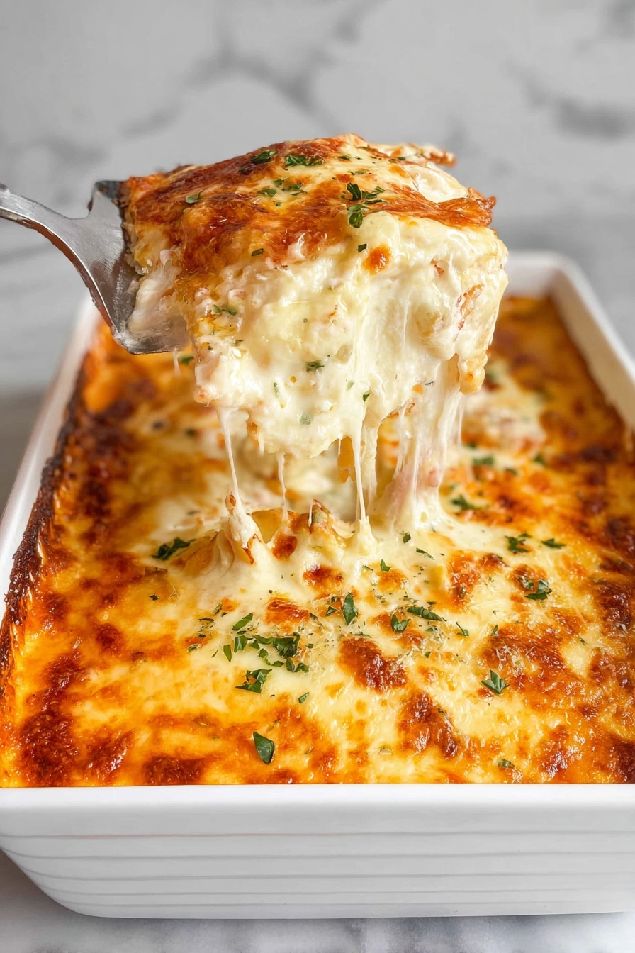 A white rectangular baking dish filled with a creamy cheesy casserole that has a golden brown bubbly top layer, sprinkled with small green herb pieces. A woman's hand is lifting a large, stretchy scoop from the dish, showing thick melted cheese strings pulling up. The casserole has visible layers of soft white sauce mixed with cheese, with a slightly crispy browned top layer that contrasts with the gooey inside. The dish sits on a white marbled surface. photo taken with an iphone --ar 2:3 --v 7