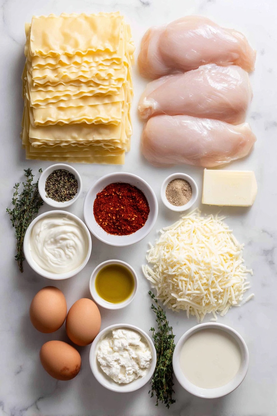Flat lay of twelve uncooked flat lasagna noodle sheets neatly stacked, three raw chicken breasts with smooth pale pink skin, a small white bowl of rich golden olive oil, a few sprigs of dried thyme and oregano, a small white bowl containing a vibrant reddish-orange blend of smoked paprika, cayenne pepper, onion powder, brown sugar, garlic powder, black pepper, and salt, a half block of creamy white cream cheese, a mound of fresh ricotta cheese with a slightly grainy texture on a white ceramic plate, a white ceramic bowl filled with well-drained deep green chopped spinach, a small white bowl holding minced fresh garlic cloves, a small white bowl with thick heavy whipping cream, a generous pile of grated pale yellow parmesan cheese on a white plate, a block of firm white mozzarella cheese, a block of marbled orange and white Colby Jack cheese, and two whole uncracked brown eggs arranged symmetrically around the ingredients, all placed on a clean white marble surface, soft natural light, photo taken with an iPhone, professional food photography style, fresh ingredients, white ceramic bowls, no bottles, no duplicates, no utensils, no packaging --ar 2:3 --v 7 --p m7354615311229779997