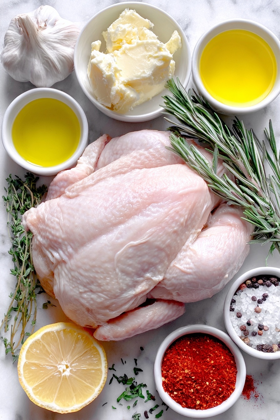 Flat lay of a whole raw chicken with pale pink skin, a small mound of softened pale yellow butter, a few bright green fresh parsley leaves chopped finely, sprigs of fresh rosemary and thyme tied neatly, a halved garlic bulb with exposed cloves and several separated peeled garlic cloves, a small white ceramic bowl filled with golden olive oil, another small white ceramic bowl containing melted butter, a second small white ceramic bowl with freshly squeezed lemon juice, a whole bright yellow lemon with one quartered lemon wedge beside it, a small white ceramic bowl holding vibrant red paprika powder, and a pinch of coarse sea salt and freshly cracked black peppercorns elegantly arranged around, all placed on a clean white marble surface, soft natural light, photo taken with an iPhone, professional food photography style, fresh ingredients, white ceramic bowls, no bottles, no duplicates, no utensils, no packaging --ar 2:3 --v 7 --p m7354615311229779997