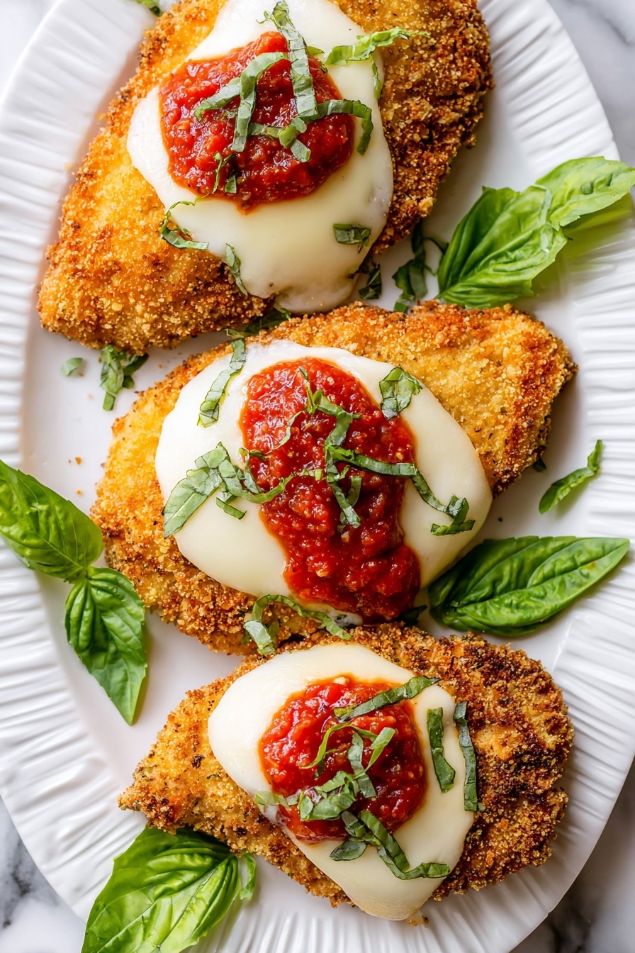 Three golden brown crispy breaded cutlets arranged diagonally on a white plate with a ridged edge, each topped with a round layer of melted white cheese, a small dollop of chunky red tomato sauce, and thin strips of fresh green basil leaves scattered on top. Bright green basil leaves are placed around the cutlets on the plate, adding a fresh touch. The plate is set on a white marbled surface. Photo taken with an iphone --ar 2:3 --v 7