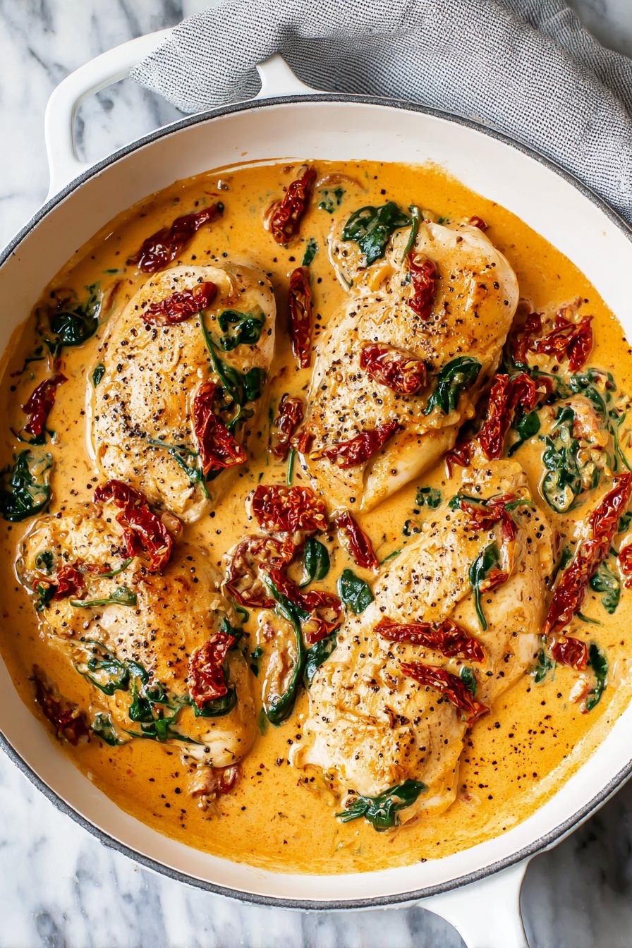 The image shows a white pan with four cooked chicken pieces in a thick, creamy orange sauce. The sauce has visible green spinach leaves and red sun-dried tomato strips scattered on top and around the chicken. The chicken is seasoned with black pepper, and the surface under the pan is a white marbled texture with a gray cloth nearby. photo taken with an iphone --ar 2:3 --v 7
