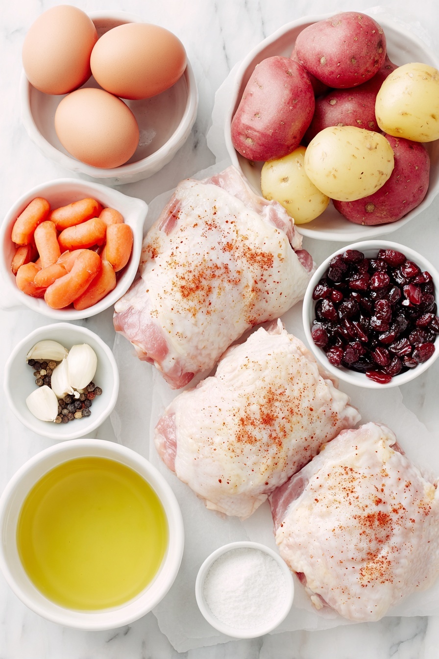 Flat lay of boneless skinless chicken thighs with a light dusting of smoked paprika, whole uncracked brown eggs nearby, a small white bowl of coarse salt, a small white bowl of whole black peppercorns, a small white bowl filled with golden olive oil, halved baby red potatoes with their smooth skin, bright orange baby carrots, a medium-sized chopped red onion with vibrant purple layers, three whole cloves of garlic with papery white skins intact, a small white bowl of clear golden chicken broth, and a small white bowl containing a smooth white cornstarch powder alongside a small white bowl of clear water, all arranged in perfect symmetry on a simple white ceramic surface, placed on a clean white marble surface, soft natural light, photo taken with an iPhone, professional food photography style, fresh ingredients, white ceramic bowls, no bottles, no duplicates, no utensils, no packaging --ar 2:3 --v 7 --p m7354615311229779997