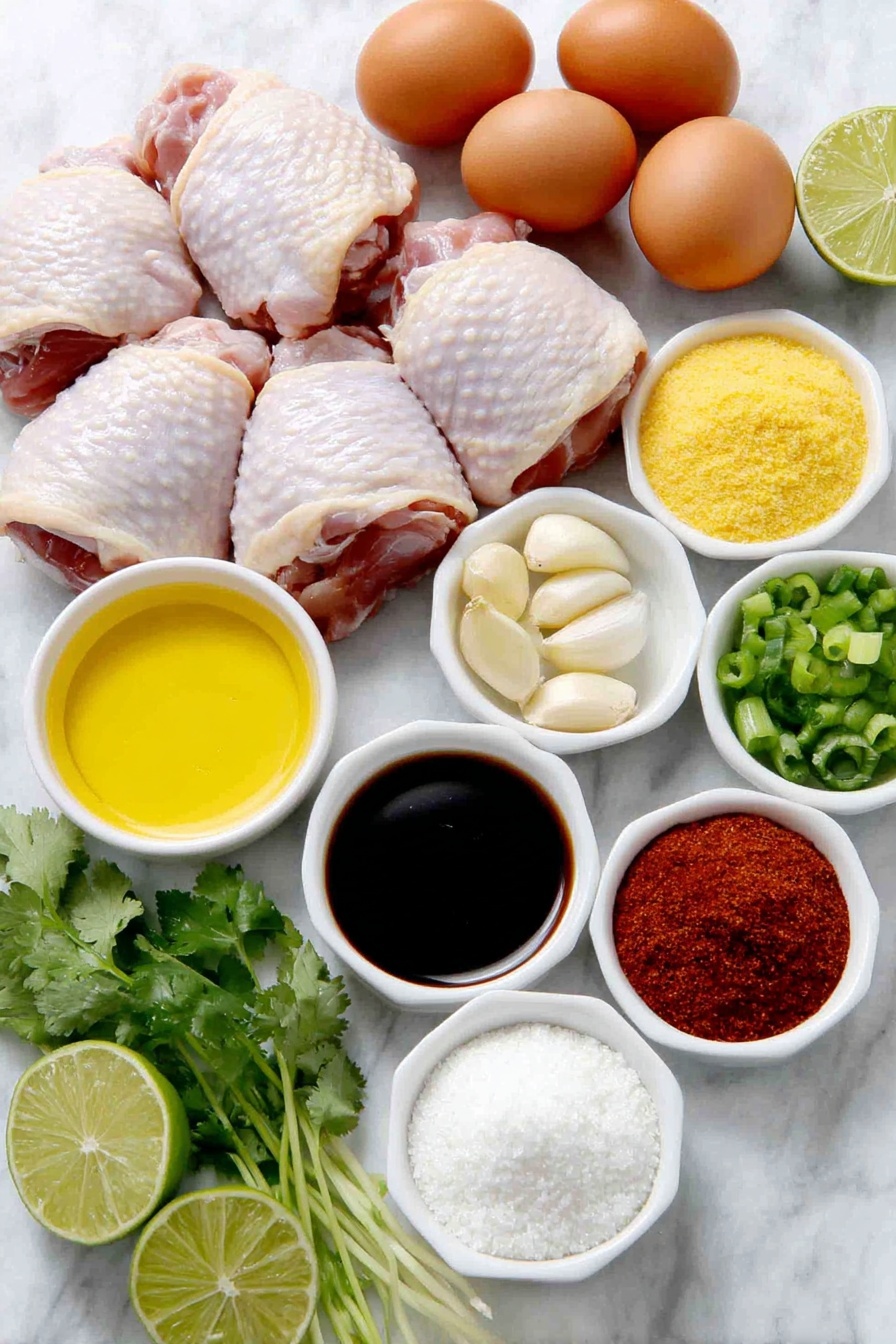 Flat lay of fresh raw chicken thighs with skin, a small cluster of whole uncracked brown eggs, a small white ceramic bowl filled with golden honey, another small white bowl containing amber avocado oil, a small white bowl of dark tamari sauce, four peeled garlic cloves, a small white bowl with light apple cider vinegar, a small white bowl holding vibrant red paprika powder, a small white bowl of pale beige onion powder, a mound of cooked white rice, a small bunch of green onions sliced into thin rounds, fresh bright green cilantro leaves roughly chopped, and a halved fresh lime showing its juicy interior, all arranged with perfect symmetry on a clean white marble surface, soft natural light, photo taken with an iPhone, professional food photography style, fresh ingredients, white ceramic bowls, no bottles, no duplicates, no utensils, no packaging --ar 2:3 --v 7 --p m7354615311229779997