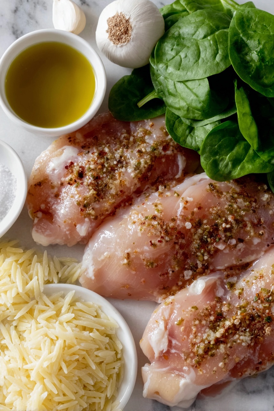 Flat lay of thin raw chicken breasts seasoned with cracked pepper and paprika, three garlic cloves, a small white ceramic bowl of olive oil, a small white ceramic bowl of white wine, a small white ceramic bowl of low sodium chicken broth, a small white ceramic bowl of Italian seasoning, a small white ceramic bowl of crushed red pepper flakes, uncooked orzo pasta, a small white ceramic bowl of heavy cream, a small white ceramic bowl of grated parmesan cheese, a small white ceramic bowl of tomato paste, two handfuls of fresh baby spinach leaves, uncracked whole brown eggs placed on a clean white marble surface, soft natural light, photo taken with an iPhone, professional food photography style, fresh ingredients, white ceramic bowls, no bottles, no duplicates, no utensils, no packaging --ar 2:3 --v 7 --p m7354615311229779997