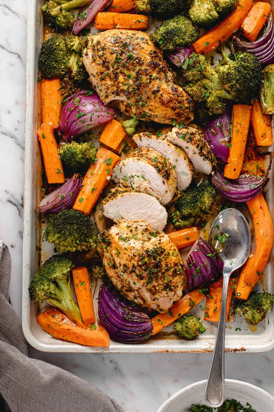 A white flat tray filled with four pieces of cooked seasoned chicken, one of them sliced into thick pieces, surrounded by bright orange cooked carrot sticks, green broccoli florets with some charred edges, and small chunks of purple-red onion, all sprinkled with green herbs. A silver spoon rests on the right side of the tray among the vegetables. The tray is placed on a white marbled surface with a white round bowl partially visible in the bottom right corner. Photo taken with an iphone --ar 2:3 --v 7
