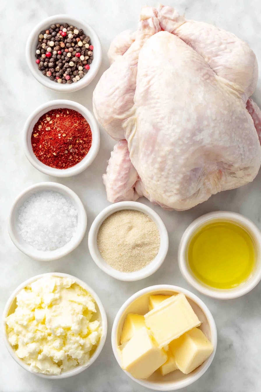 Flat lay of a whole raw turkey with pale pink skin and natural texture, a small white ceramic bowl of coarse kosher salt crystals, a small white ceramic bowl of whole black peppercorns, a small white ceramic bowl of vibrant red paprika powder, a small white ceramic bowl of fine garlic powder in pale ivory, a small white ceramic bowl of light tan onion powder, a small white ceramic bowl with softened pale yellow salted butter, and a small white ceramic bowl of glossy golden olive oil, all arranged in perfect symmetry on a clean white marble surface, soft natural light, photo taken with an iPhone, professional food photography style, fresh ingredients, white ceramic bowls, no bottles, no duplicates, no utensils, no packaging --ar 2:3 --v 7 --p m7354615311229779997