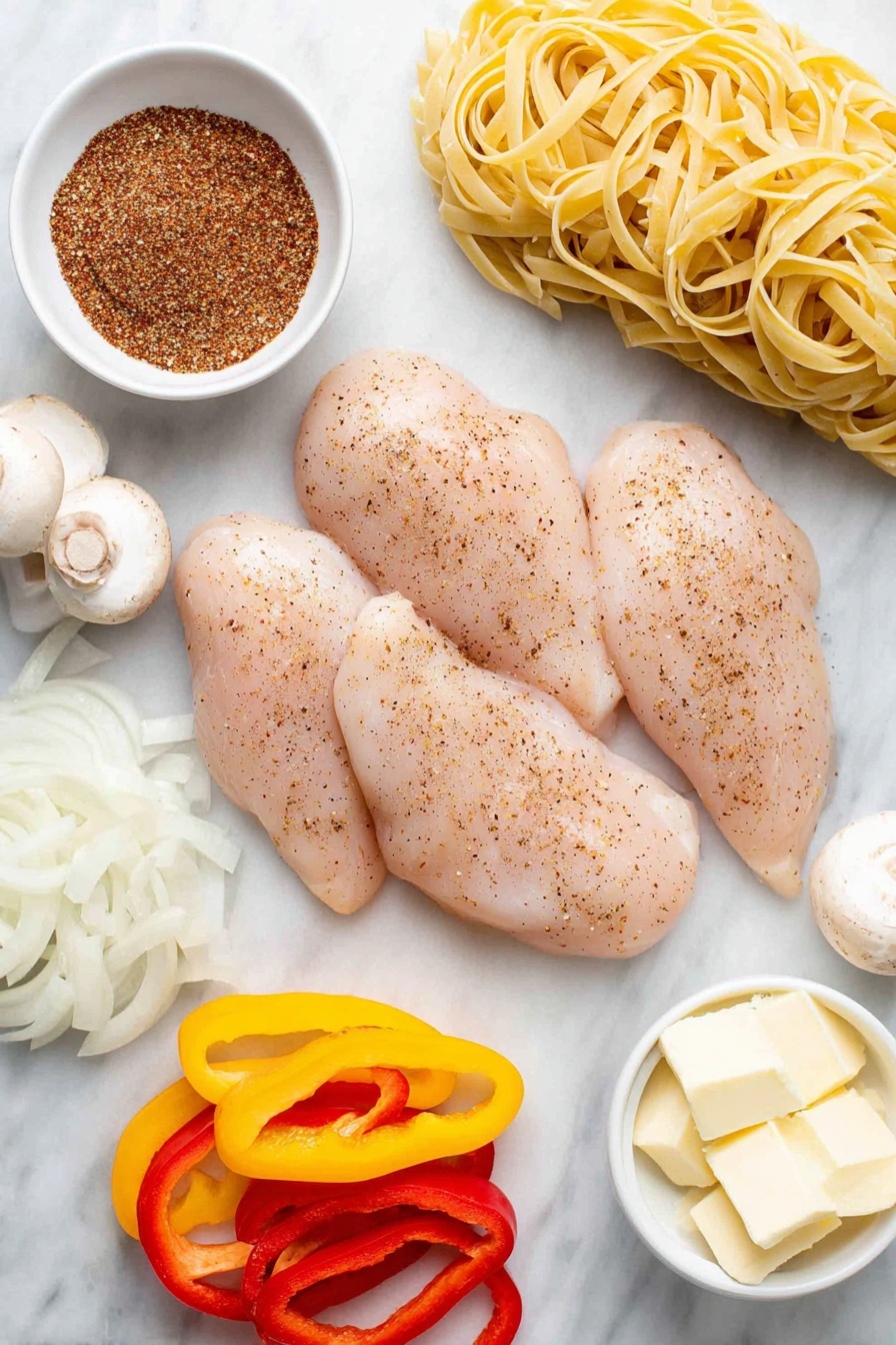Flat lay of four boneless skinless chicken breasts seasoned with Cajun spices, a small white ceramic bowl filled with reddish-brown Cajun seasoning powder, three sliced multi-color bell pepper strips in red, yellow, and orange hues arranged neatly, thinly sliced red onion rings, fresh white cremini mushrooms sliced, a small white ceramic bowl containing smooth pale yellow butter cubes, a neat bundle of uncooked linguine pasta strands, a small white ceramic bowl filled with creamy heavy cream, all ingredients symmetrically placed on a clean white marble surface, soft natural light, photo taken with an iPhone, professional food photography style, fresh ingredients, white ceramic bowls, no bottles, no duplicates, no utensils, no packaging --ar 2:3 --v 7 --p m7354615311229779997