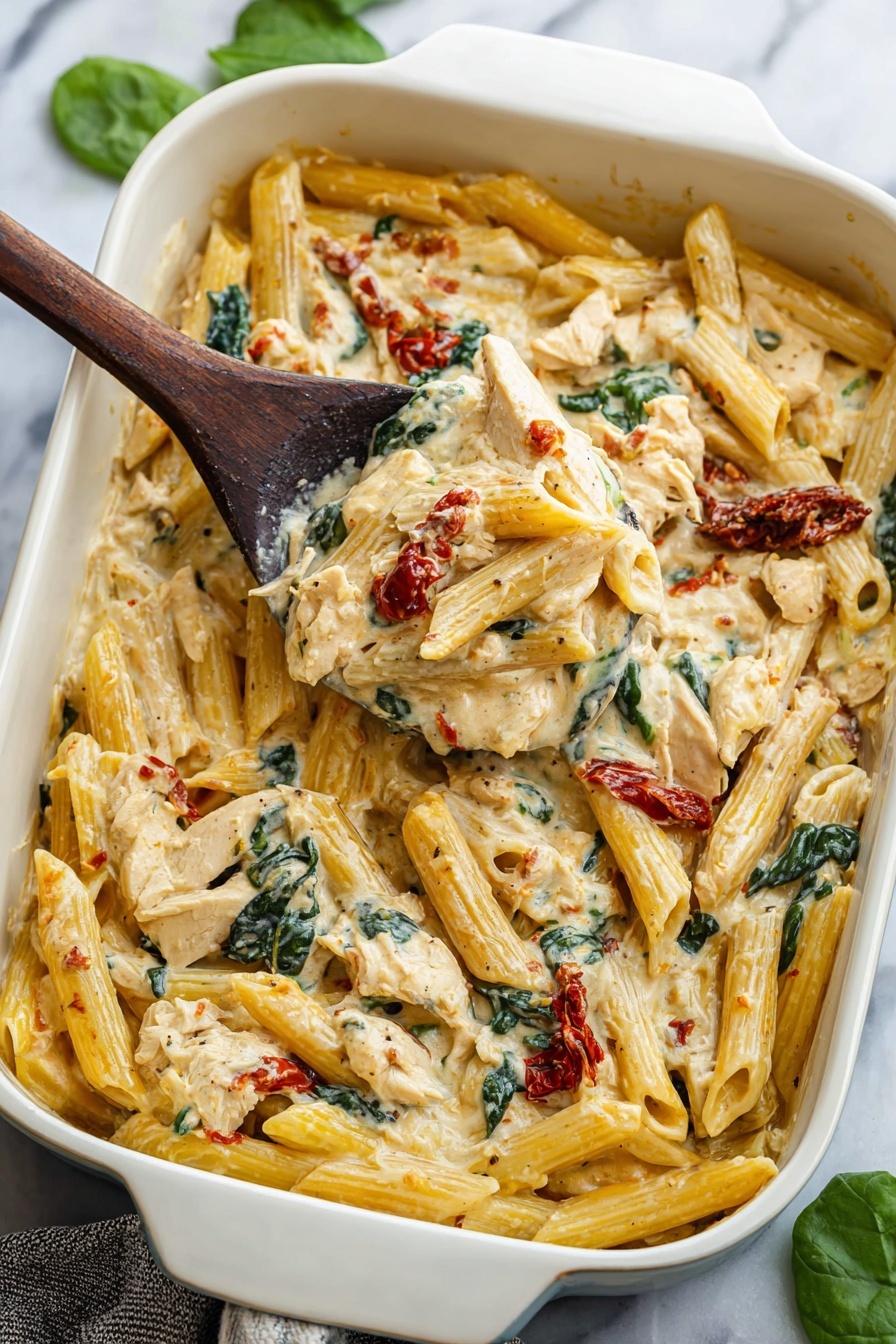 The image shows a close-up of a wooden spoon lifting a creamy pasta dish from a white baking dish. The pasta layers include light yellow cooked pasta shells mixed with wilted dark green spinach leaves and pieces of bright red sun-dried tomatoes, all covered in a thick, creamy white sauce with some melted cheese stretching from the pan to the spoon. The surface is shiny and smooth, with visible herbs and small bits of cooked chicken mixed in, making the dish look rich and hearty. The background is a white marbled texture. photo taken with an iphone --ar 2:3 --v 7