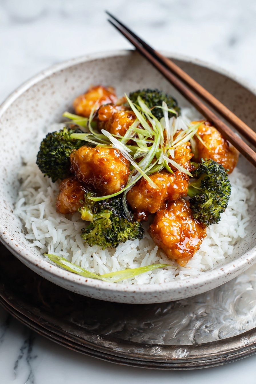 This dish features a base layer of fluffy white rice filling a shallow, speckled bowl. On top of the rice, there are several pieces of golden-brown, crispy chicken with a shiny glaze that gives a slightly sticky look. Green broccoli florets are scattered among the chicken, adding a fresh and bright texture. Thin slices of green onion are sprinkled over the top, adding a touch of color and freshness. A pair of wooden chopsticks rests on the edge of the bowl. The bowl is placed on a vintage metal tray that sits on a white marbled surface. Photo taken with an iphone --ar 2:3 --v 7