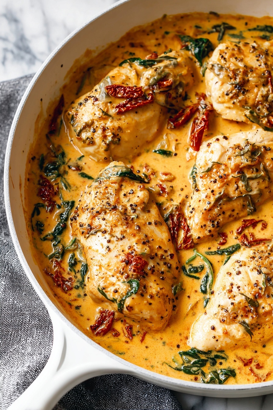 A white pan filled with four cooked chicken pieces in a creamy orange sauce with visible black pepper and herbs on top. The sauce has layers of green spinach leaves and red sun-dried tomato strips mixed around the chicken. The chicken pieces have a slightly browned texture on top, sitting in the thick sauce, covering the base of the pan. The pan handle is visible, resting on a gray cloth with a white marbled surface underneath. photo taken with an iphone --ar 2:3 --v 7