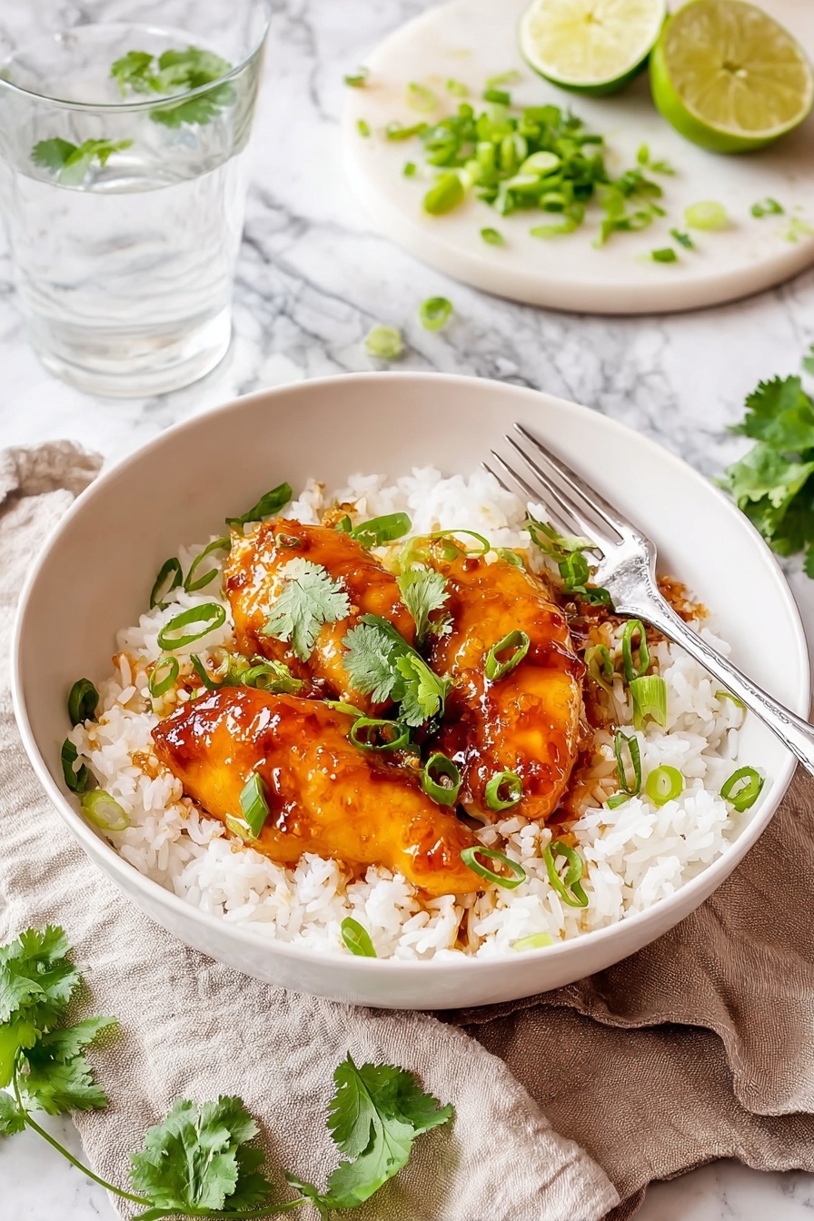 A white bowl filled with a base layer of fluffy, white rice topped with two pieces of glazed golden-brown chicken. The chicken has a shiny, slightly sticky sauce that looks rich and flavorful, garnished with chopped green onions and fresh cilantro leaves. The bowl sits on a beige cloth on a white marbled surface, with a silver fork placed beside it. In the background, there is a round white board holding lime wedges and chopped green onions, and a clear glass filled with water. Small cilantro leaves are scattered casually around. Photo taken with an iphone --ar 2:3 --v 7