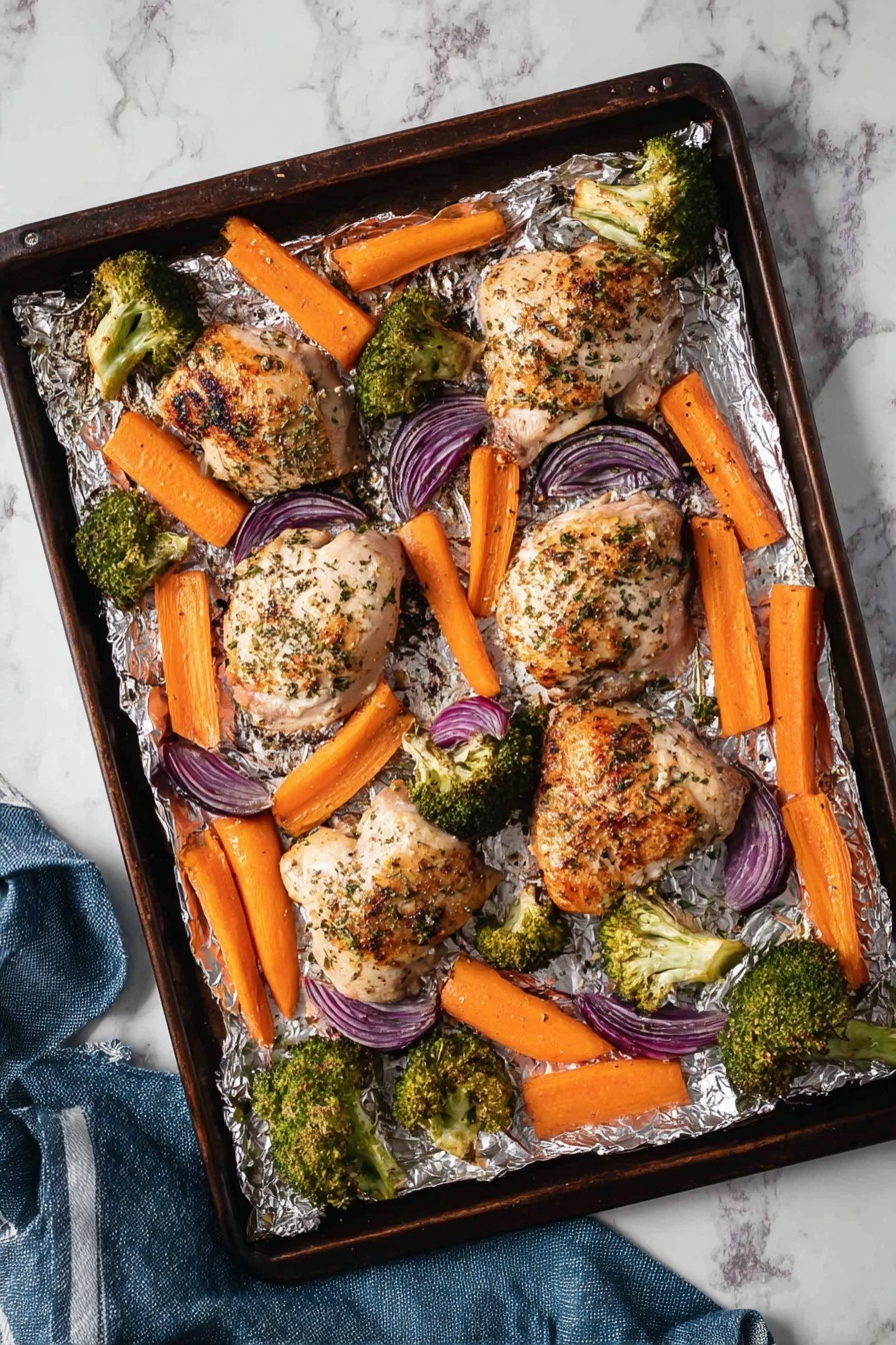 A dark baking tray lined with crumpled silver foil holds five cooked chicken pieces, browned with herbs on top, spread out mostly in the center and right side of the tray. Around and between the chicken pieces are bright orange carrot sticks, unevenly sized, with some slightly browned edges. Also scattered on the tray are small green broccoli florets with some charred bits and wedges of purple onion with softened edges. The tray sits on a white marbled surface, showing a part of a blue cloth with white edges on the left side photo taken with an iphone --ar 2:3 --v 7