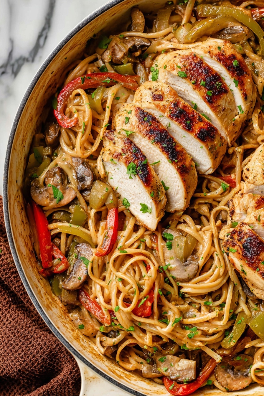 The dish shows a white pan filled with cooked noodles mixed with slices of green and red bell peppers, mushrooms, and onions. On top of the noodles, there are two sliced grilled chicken pieces with a golden brown outside and white inside. The chicken slices are placed close to each other, and some finely chopped green herbs are sprinkled over the whole dish, giving a fresh look. The background is a white marbled texture with a brown cloth partially visible near the pan's handle. The dish looks rich and full with colors of light brown, beige, green, and red. photo taken with an iphone --ar 2:3 --v 7