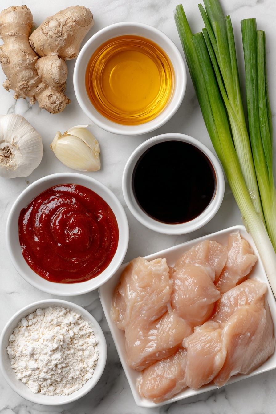 Flat lay of finely diced fresh ginger, two peeled garlic cloves, a small white bowl of golden honey, a small white bowl of dark low-sodium soy sauce, a small white bowl of bright red ketchup, a small white bowl of toasted sesame oil, a small white bowl of white sesame seeds, raw boneless skinless chicken breasts, a small white bowl of fine cornstarch, a small white bowl of clear cooking oil, two fresh green onions with white and green parts visible arranged neatly, placed on a clean white marble surface, soft natural light, photo taken with an iPhone, professional food photography style, fresh ingredients, white ceramic bowls, no bottles, no duplicates, no utensils, no packaging --ar 2:3 --v 7 --p m7354615311229779997