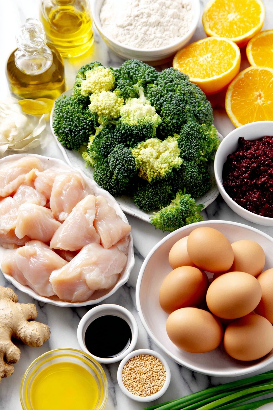 Flat lay of fresh raw chicken breast cubes, bright green broccoli florets, whole uncracked brown eggs, a small mound of pale gluten-free flour, a small white bowl of golden extra virgin olive oil, a small white bowl of vibrant fresh orange juice with a few orange zest strips beside it, a small white bowl of dark tamari sauce, a small white bowl of clear rice vinegar, a small white bowl of glossy honey, fresh garlic cloves with one grated garlic root, a piece of fresh ginger root next to grated ginger, a small white bowl containing deep red chili paste (gochujang), a small white bowl of toasted sesame oil, a small white bowl of white cornstarch, a bunch of fresh green onions, scattered black peppercorns, and a small pile of toasted sesame seeds, all arranged symmetrically and proportionally in a neat layout on simple white ceramic bowls and plates, placed on a clean white marble surface, soft natural light, photo taken with an iPhone, professional food photography style, fresh ingredients, white ceramic bowls, no bottles, no duplicates, no utensils, no packaging --ar 2:3 --v 7 --p m7354615311229779997