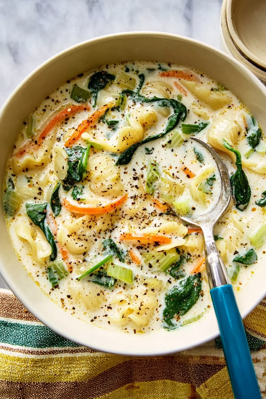 A bowl of creamy soup filled with small pieces of white pasta, light green celery slices, bright orange thin carrot strips, and dark green spinach leaves floating in a thick white broth. The soup is topped with a sprinkle of coarse black pepper. A silver spoon with a blue handle is resting inside the bowl on the right side. The white bowl sits on a white marbled surface next to a striped cloth with yellow, green, and brown lines. Photo taken with an iphone --ar 2:3 --v 7