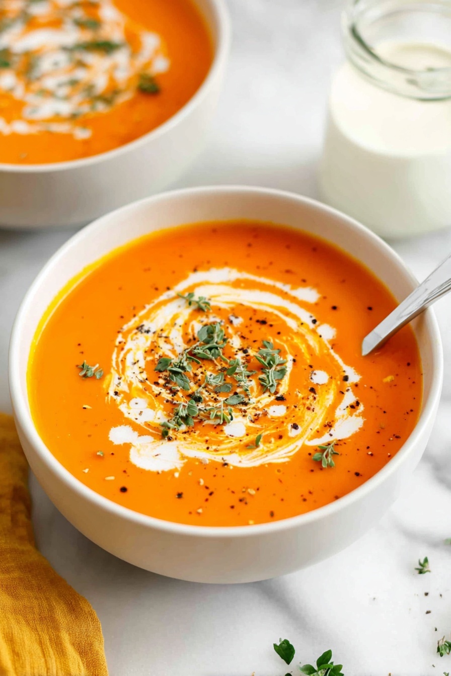 A white bowl filled with bright orange creamy soup, topped with swirls of white cream and sprinkled with green fresh herbs and black pepper, a white spoon resting inside the bowl on the right side. The bowl sits on a white marbled surface with a hint of a white bowl of the same soup and a glass jar filled with white cream blurred in the background. A small yellow cloth is partially visible at the bottom left corner of the image. photo taken with an iphone --ar 2:3 --v 7