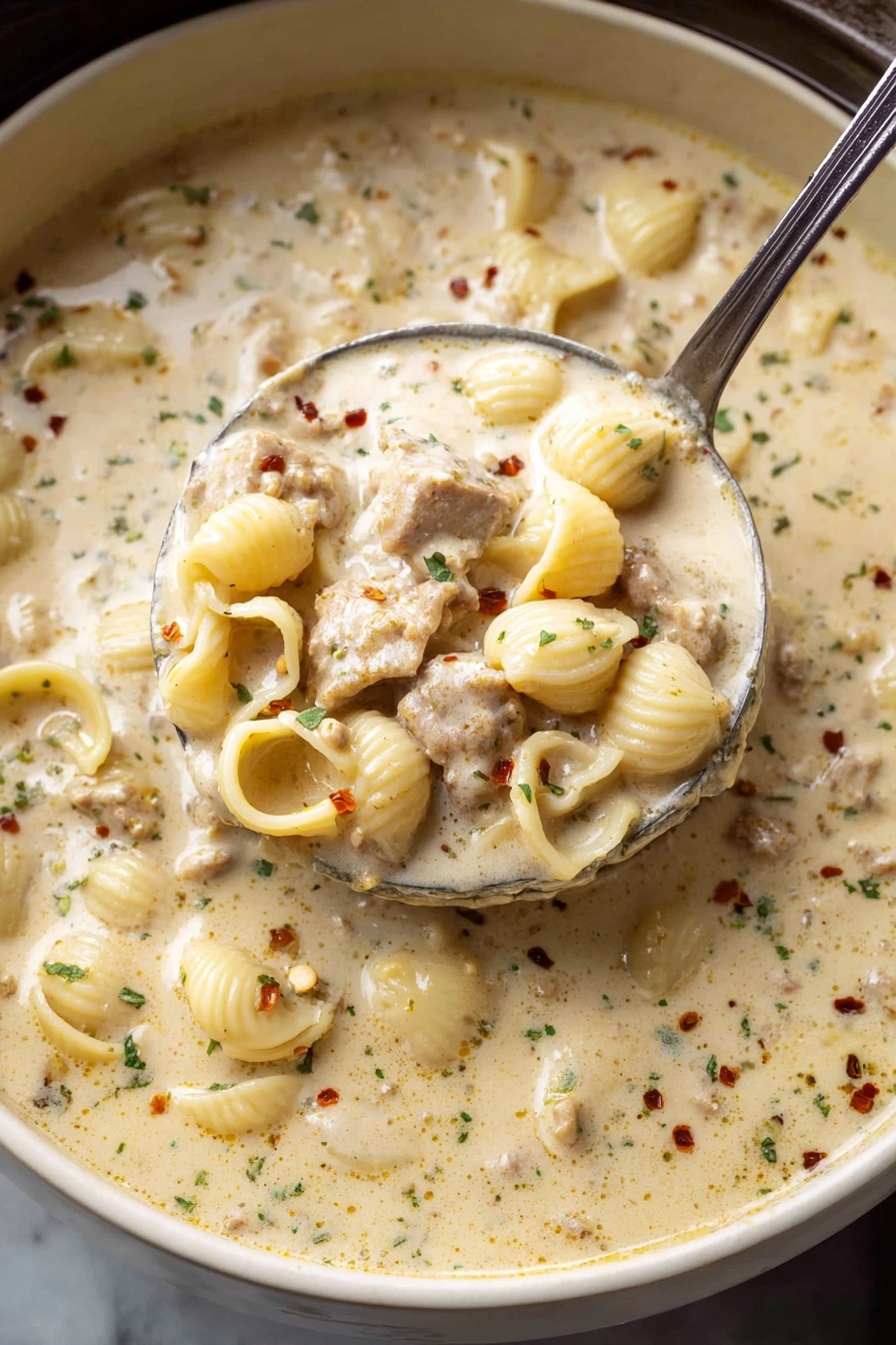 A deep blue pot filled with creamy, thick soup with a pale beige color base. Floating in the soup are small, yellow corn kernels and creamy white small pasta shells, mixed with browned chunks of chicken. The soup is sprinkled with red chili flakes and small green herb pieces in the center. The pot is placed on a white marbled surface with a dark cloth underneath. Around the pot, there is a white bowl with slices of toasted bread on the left, a small white bowl with red chili flakes above, and toasted bread pieces scattered on the right and below. A silver spoon lies to the lower right of the pot. Photo taken with an iphone --ar 2:3 --v 7