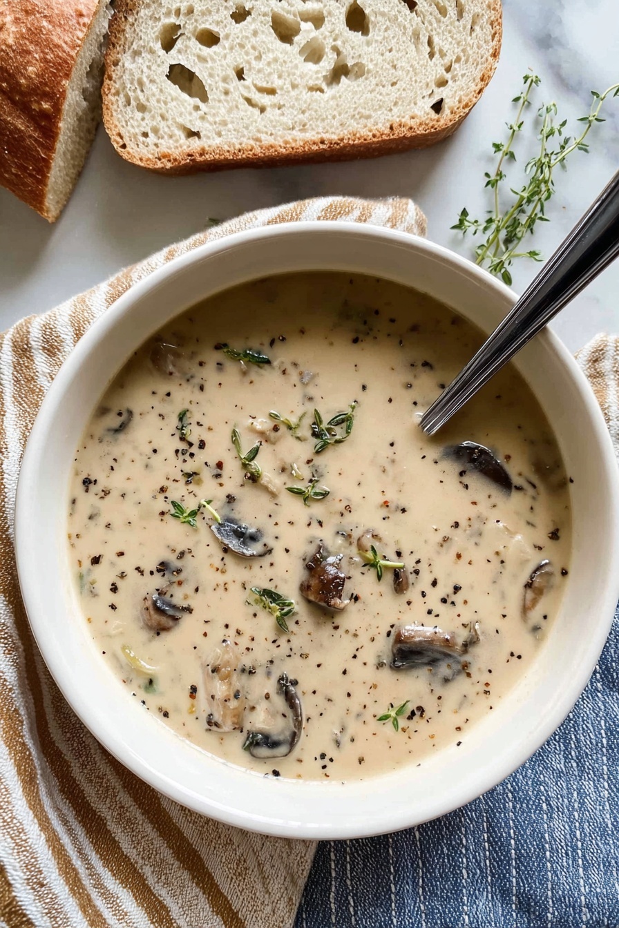 A creamy beige soup with visible pieces of dark mushrooms and small green herb leaves floating on top is served in a round white bowl. Black pepper flakes sprinkle the surface, adding contrast. A silver spoon with a black handle rests inside the bowl on the right side. Behind the bowl, there is a slice of light brown bread with small holes and a sprig of fresh green herbs on a white marbled surface. A tan and white cloth and a blue and white striped cloth lay underneath the bowl. Photo taken with an iphone --ar 2:3 --v 7
