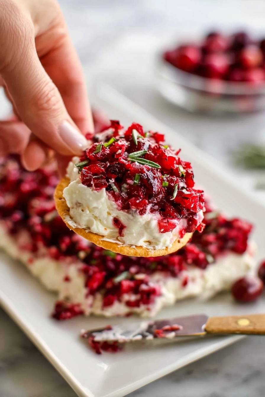 A woman's hand is holding a round cracker with three visible layers: the bottom golden cracker, a thick layer of white creamy cheese, and a top thick layer of finely chopped bright red cranberries mixed with small green herb pieces. The cracker is held above a white rectangular plate with more creamy white cheese spread evenly over it, with a generous amount of the same chopped cranberry mixture layered thickly on top. A butter knife with a wooden handle lies on the bottom right corner of the plate. The background is a white marbled texture with a blurry bowl of whole cranberries and some green herbs faintly visible. Photo taken with an iphone --ar 2:3 --v 7