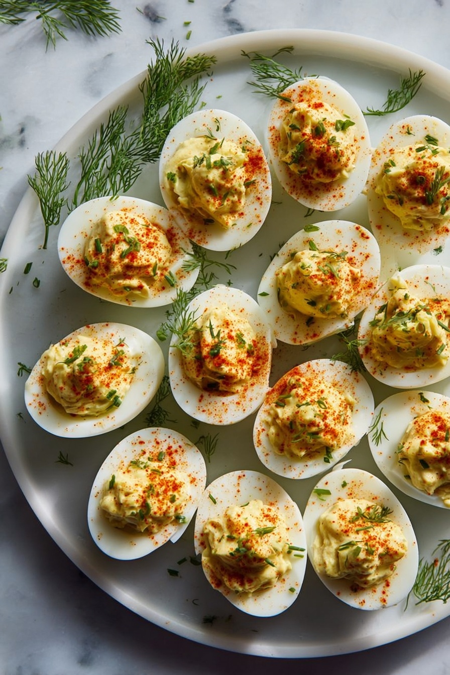 A white marbled surface holds a white round plate filled with eleven halved hard-boiled eggs. Each egg shows a smooth white egg white layer as the base, topped with a creamy, pale yellow filling that has small green bits mixed inside. The filling on each egg is sprinkled with reddish-orange paprika powder and garnished with small green herb pieces, likely dill. Some fresh dill sprigs lie casually on the white marbled surface beside the plate. The lighting is soft and natural, highlighting the colors and textures clearly. photo taken with an iphone --ar 2:3 --v 7