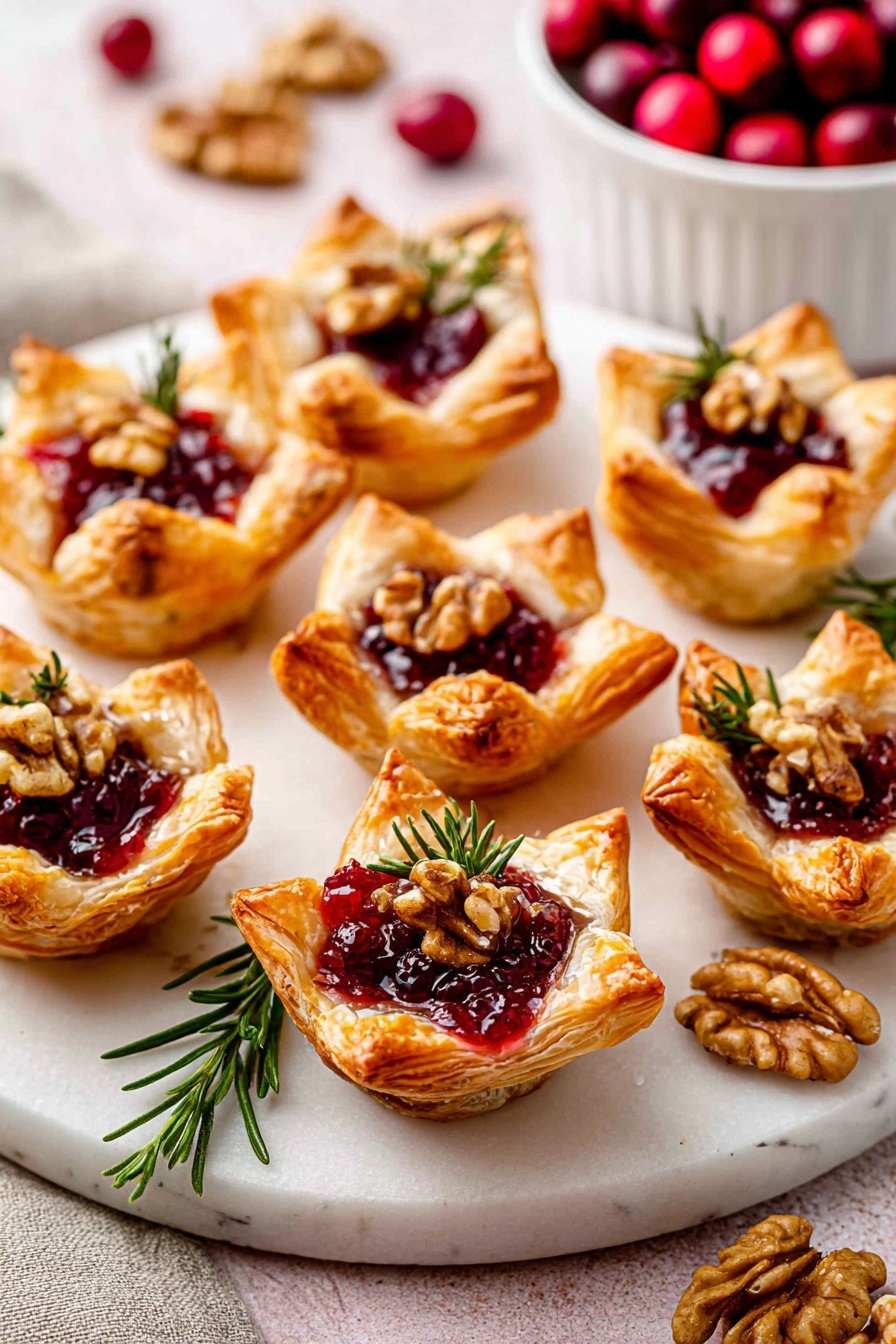 The image shows seven small puff pastry cups placed on a white marbled round plate. Each cup has a golden-brown, flaky outer layer formed in a star shape with pointed edges curling outward. Inside, there is a deep red jam-like filling topped with chopped walnuts and a small green rosemary sprig. The background is a soft white marbled surface, with some walnuts and a sprig of rosemary placed around the plate, and a white ceramic container filled with red cranberries blurred in the background. The overall look is warm and inviting with a mix of textures and colors highlighting the pastry. photo taken with an iphone --ar 2:3 --v 7