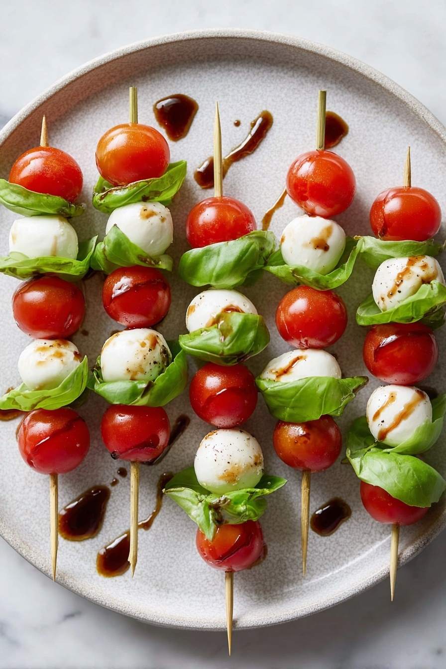 The image shows eight skewers on a round white plate with a light gray texture. Each skewer has three layers starting with a bright red cherry tomato on the bottom, followed by fresh green basil leaves, and topped with a round white mozzarella ball. The mozzarella balls are slightly shiny and smooth, and the basil leaves look fresh and crisp. The cherry tomatoes are glossy and full. Drizzled over the skewers is a dark brown balsamic glaze that adds shiny lines and small drops on the plate. The background surface is a white marbled texture. photo taken with an iphone --ar 2:3 --v 7