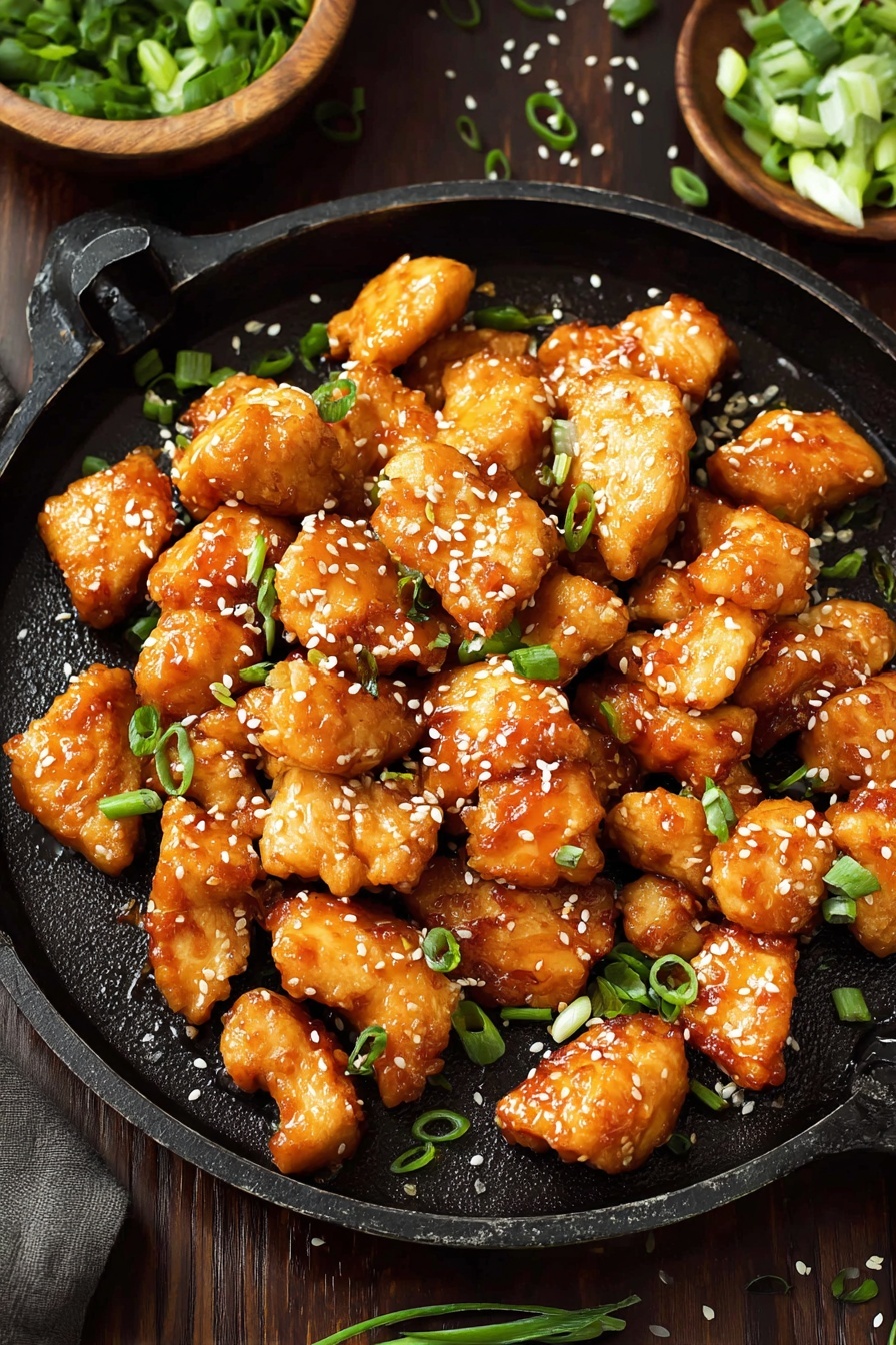 Golden-brown pieces of chicken are arranged closely on a round black pan, each piece shiny with a sticky orange glaze. The chicken looks tender with a smooth and slightly crispy texture, sprinkled with white sesame seeds and small bright green pieces of chopped scallions on top. Around the pan, scattered sesame seeds and green scallion slices add detail, and in the background, there is a small wooden bowl filled with fresh chopped green scallions. The pan and bowl sit on a dark wooden surface. photo taken with an iphone --ar 2:3 --v 7