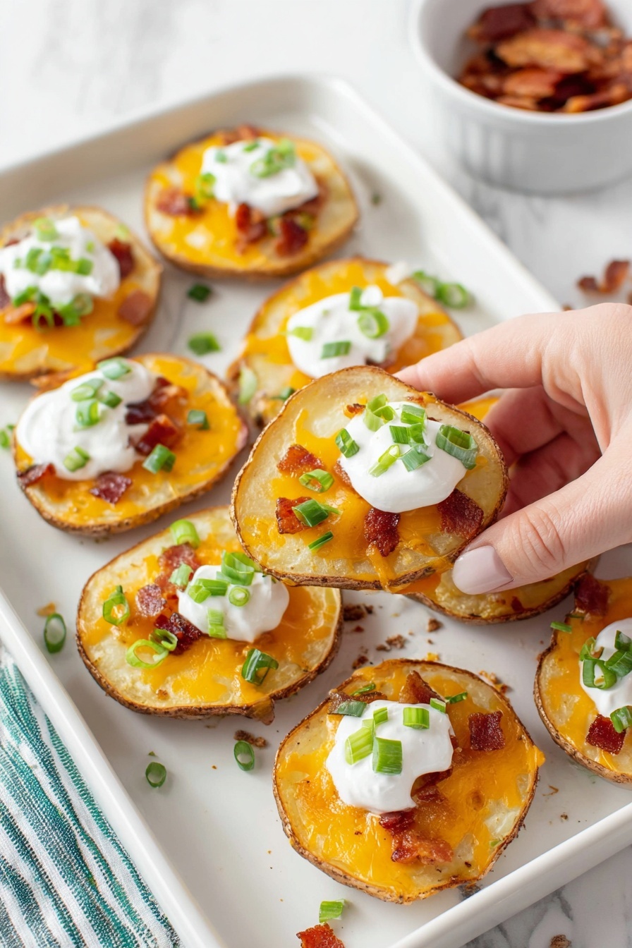 The image shows seven round potato slices arranged on a white tray with a white marbled background. Each potato slice has three layers: the bottom layer is a light golden crispy potato base with a slightly browned edge, the middle layer is melted bright orange cheddar cheese spread evenly, and the top layer is a dollop of white sour cream with chopped green onions sprinkled on it. Small pieces of crispy bacon are scattered underneath the sour cream on each potato slice. A woman's hand is holding the corner of the tray, and in the upper right corner, there is a white bowl with a few pieces of bacon. photo taken with an iphone --ar 2:3 --v 7