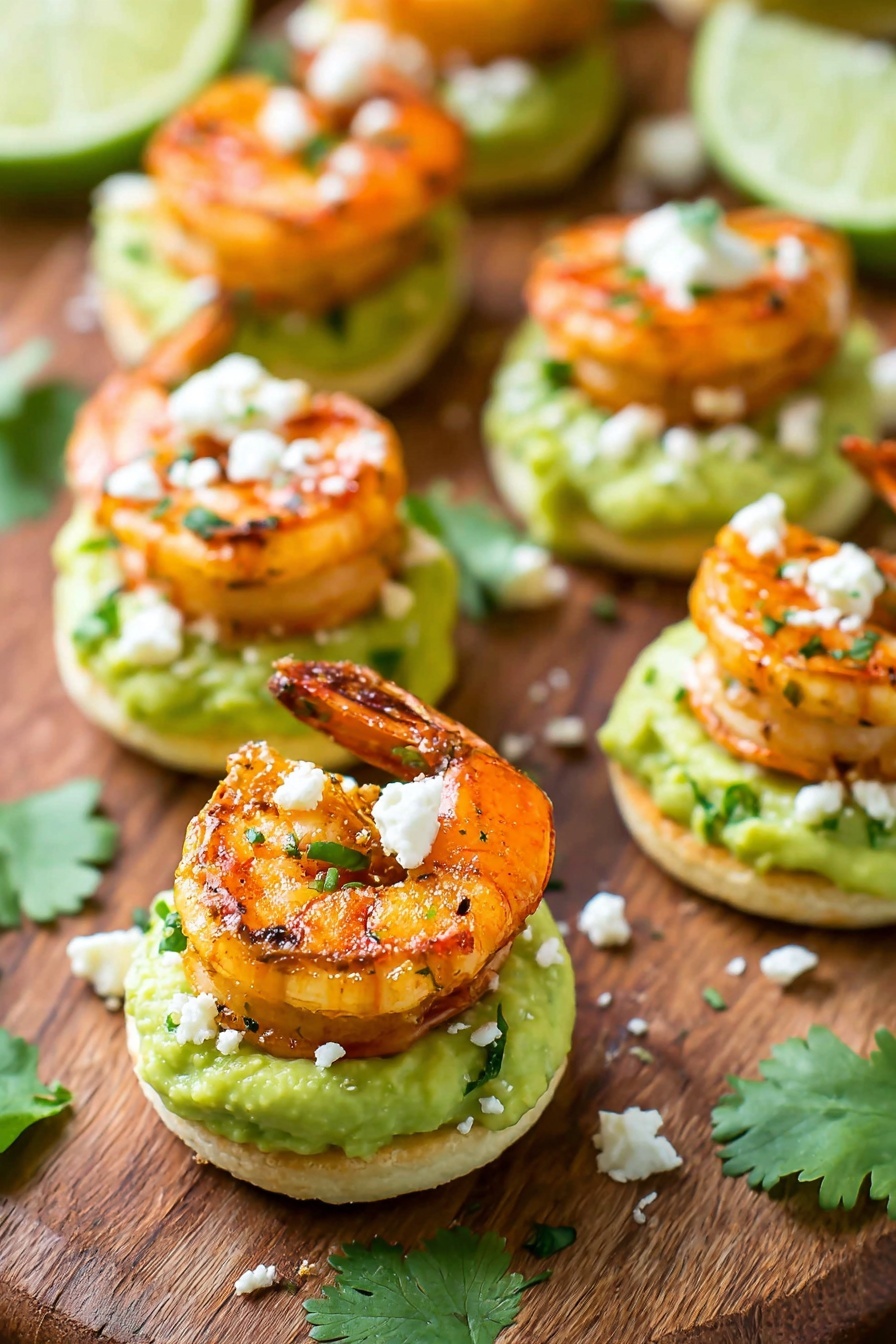 The image shows several small round snacks arranged on a wooden board, each with three layers: a light beige round base, a middle thick layer of creamy bright green avocado spread with a smooth texture, and a top layer featuring a single large cooked shrimp that is orange with light browning and garnished with small white cheese crumbles and tiny green herb flakes. Fresh green cilantro leaves and white cheese crumbles are scattered around the snacks on the wooden board, and in the background, there are slices of lime with bright yellow and green colors. photo taken with an iphone --ar 2:3 --v 7