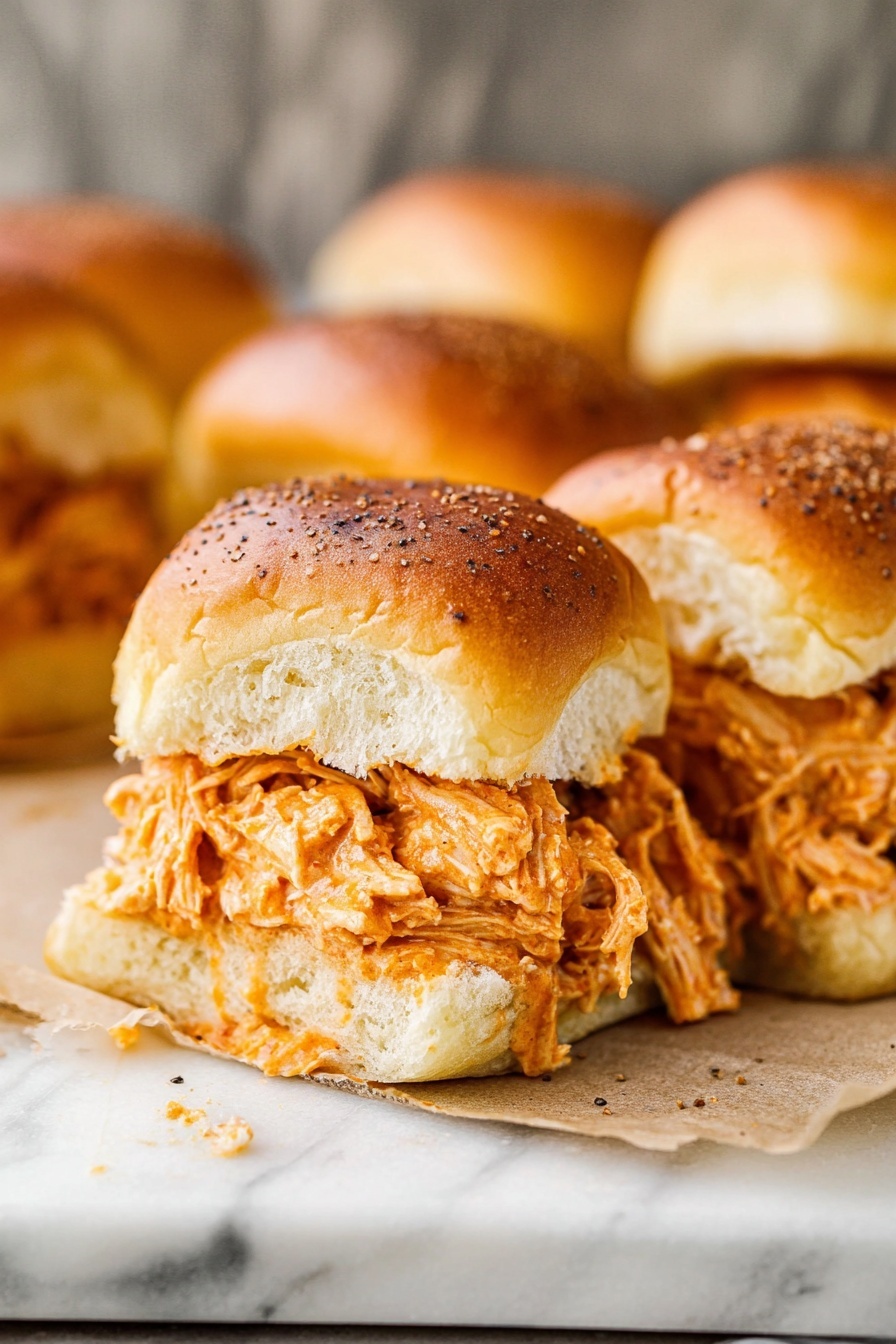 The image shows a close-up of a slider sandwich stacked on top of another, both with two layers of soft, golden-brown sandwich buns seasoned with small herbs and a glossy top layer. Between the buns, there is a thick filling of shredded chicken mixed in a creamy, orange sauce, giving a textured and slightly messy look with bits spilling out at the edges. The sliders are placed on a light brown parchment surface with more similar sliders blurred in the background, all on a white marbled texture. photo taken with an iphone --ar 2:3 --v 7