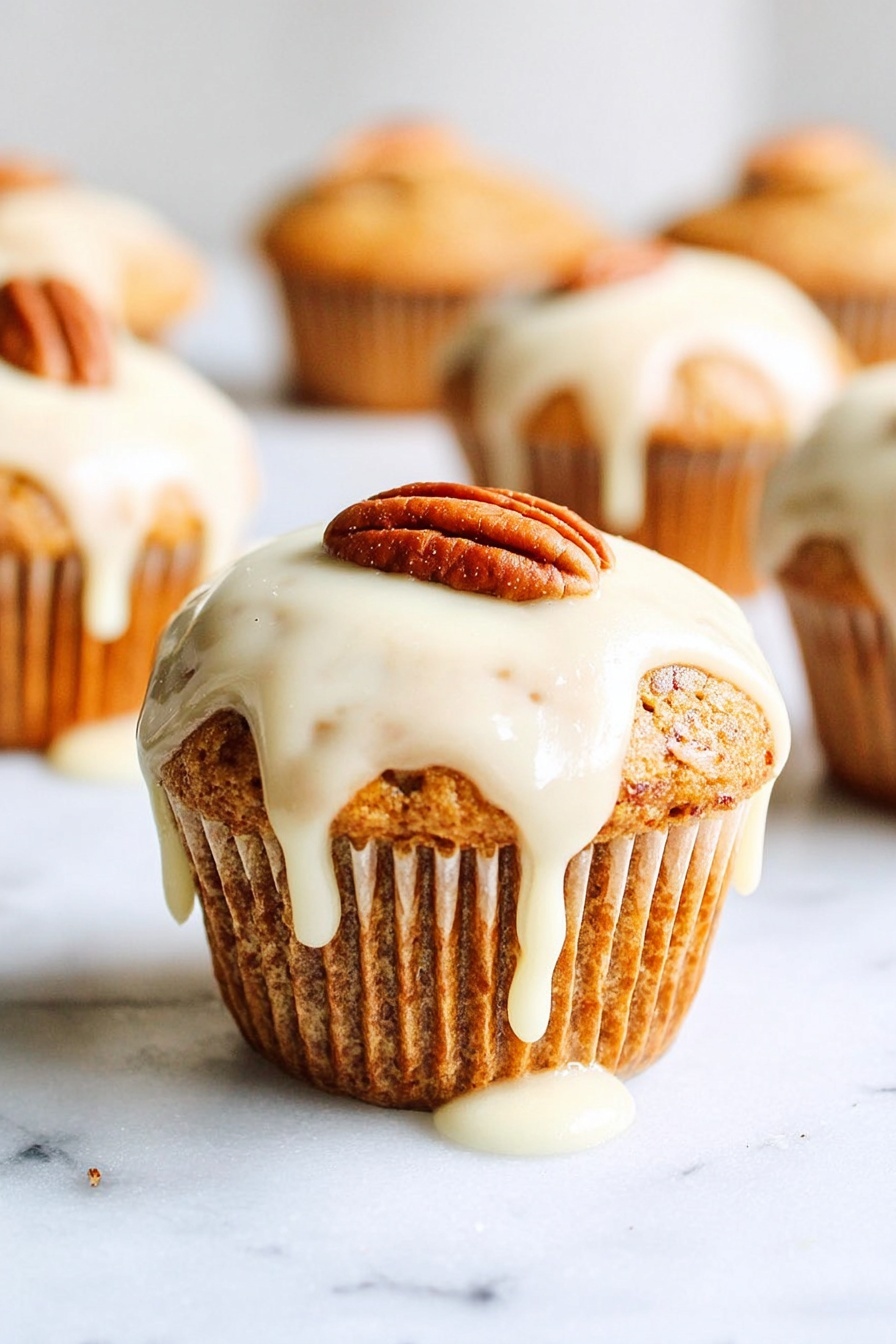 A close-up view of a single muffin on a white marbled surface shows a golden-brown textured base with a paper baking liner. The muffin is topped with a creamy white icing that drips down one side, and a brown pecan nut sits neatly on top at the center. In the blurred background, similar muffins with the same icing and pecan topping are visible, arranged on the same white marbled surface. The light is soft, highlighting the smooth icing and the nut’s ridges. Photo taken with an iphone --ar 2:3 --v 7