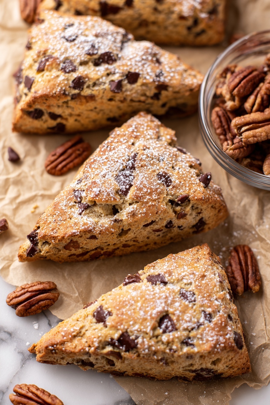 Three triangular scones are placed close together on a crinkled parchment paper over a white marbled surface. Each scone has a golden brown crust with a rough, crumbly texture and is studded with melted dark chocolate chunks and pecans. Powdered sugar is lightly sprinkled across the top, adding a soft white contrast to the warm brown colors. The scones show small cracks and uneven surfaces, giving a homemade feel to the scene. photo taken with an iphone --ar 2:3 --v 7