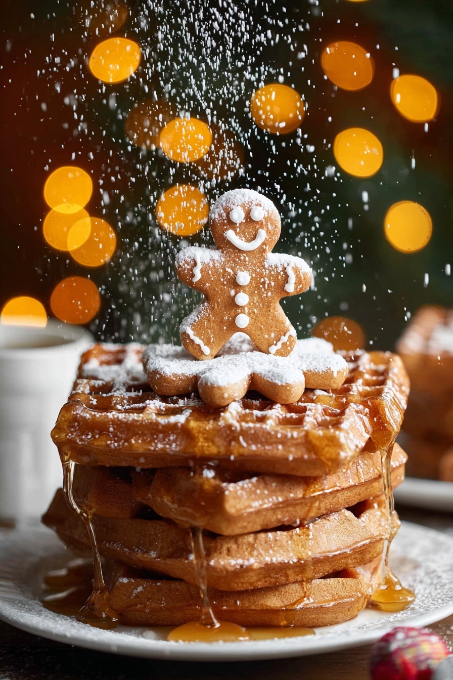 A stack of five thick waffles with a warm brown color sits on a white plate, each waffle layer fluffy with slightly crisp edges. Golden syrup drips down the sides, adding a shiny texture. On top of the waffles stands a small gingerbread man cookie decorated with white icing eyes, buttons, and mouth. Powdered sugar is being sprinkled from above, creating a soft white dust that covers the waffles, cookie, and plate, with some falling in front of the stack. The background shows blurred warm yellow and orange lights with a cozy atmosphere. photo taken with an iphone --ar 2:3 --v 7