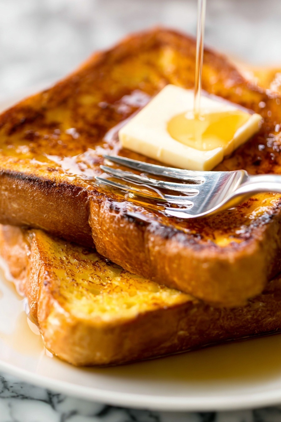 A close-up view of two thick slices of golden brown French toast stacked on a white plate, the top slice has a square piece of melting butter in the center with shiny syrup dripping down the sides. A fork is pressing gently into the top slice, showing the soft texture of the toast. The background is a white marbled texture. photo taken with an iphone --ar 2:3 --v 7