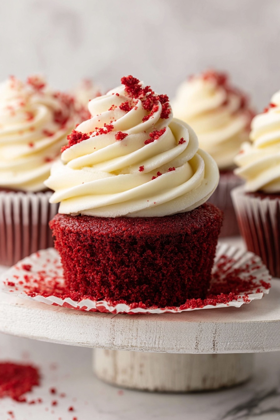 The image shows a close-up of a red velvet cupcake with three layers: the first layer is the rich red, textured cupcake base with a torn white paper liner peeled down; the second layer is a thick swirl of creamy white frosting piped on top in a spiral pattern; the third layer is sprinkled small red cake crumbs decorating the frosting. The cupcake sits on a white wooden stand with a white marbled surface background, with more cupcakes blurred in the background. Photo taken with an iphone --ar 2:3 --v 7