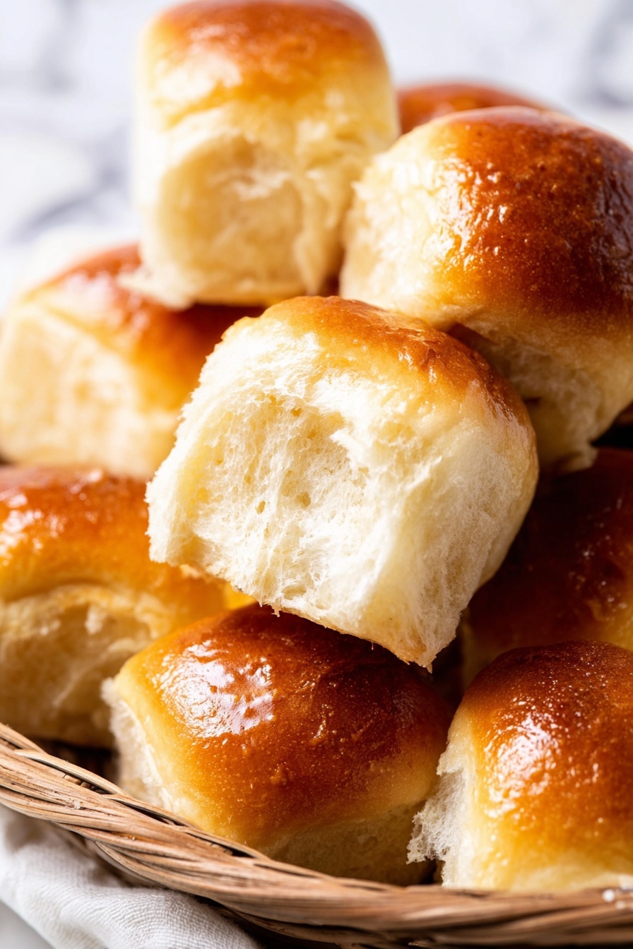 A close-up image shows multiple soft bread rolls piled together in a round basket. The bread rolls have a golden-brown shiny top layer with a smooth texture, while the inside layers are light cream color and fluffy with a soft texture. Some rolls are whole, and some are opened, revealing the airy, soft inside. The basket is on a white marbled surface, with a bright and clean background. Photo taken with an iphone --ar 2:3 --v 7
